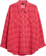 R13 Plaid Oversize Drop Neck Cotton Flannel Button-Up Shirt
