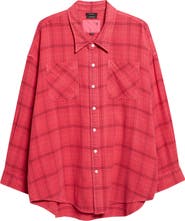 R13 Plaid Oversize Drop Neck Cotton Flannel Button-Up Shirt