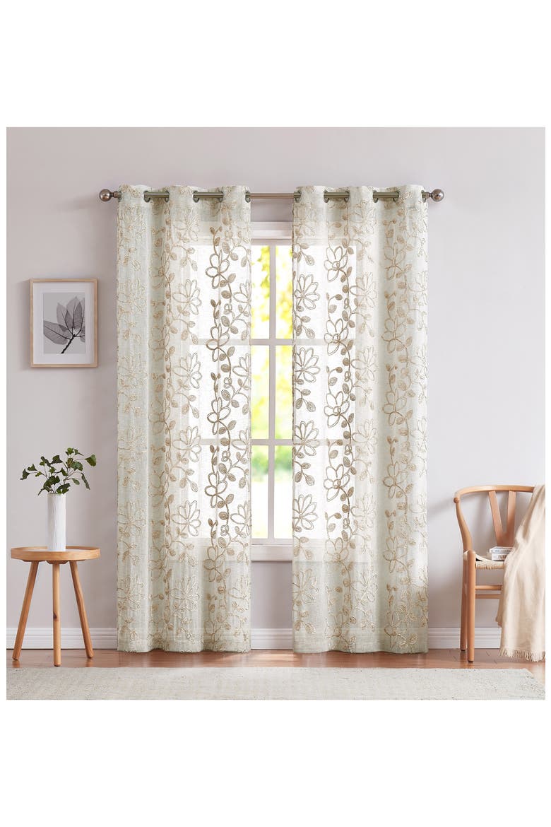 Set of 2 Embroidered Sheer Curtain Panels, Main, color, LINEN