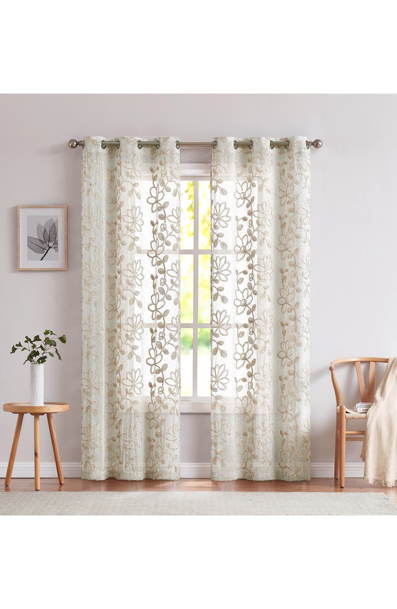 DAINTY HOME Set of 2 Embroidered Sheer Curtain Panels, Main, color, Linen
