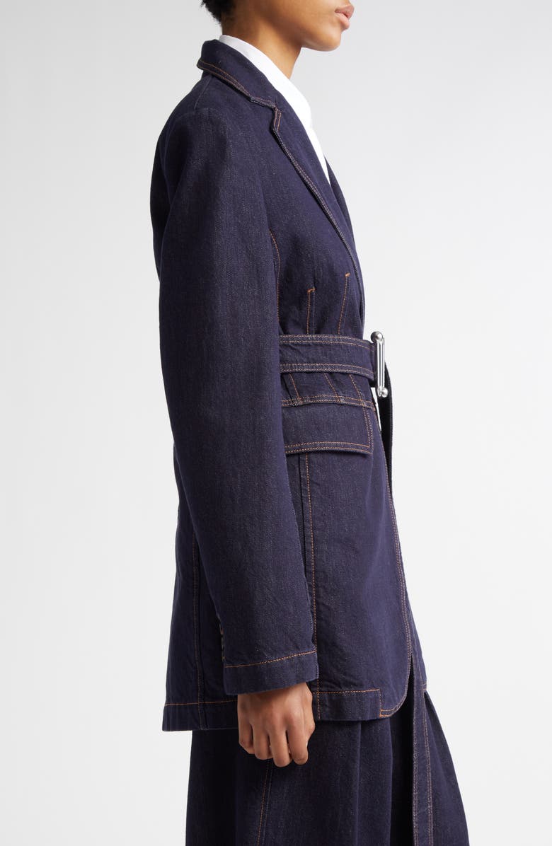 SPORTMAX Domino Monogram Buckle Belted Denim Jacket, Alternate, color, Navy