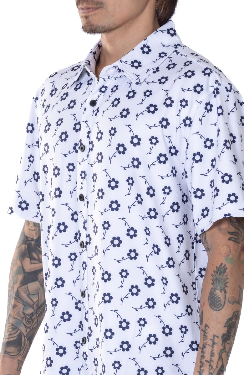 VAST Positive Floral Short Sleeve Performance Button-Up Shirt, Alternate, color, White