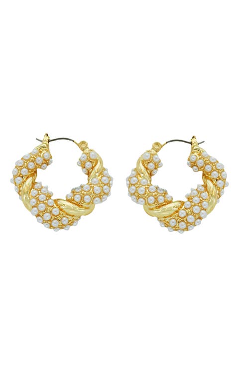 Faux Pearl Twist Hoop Earrings