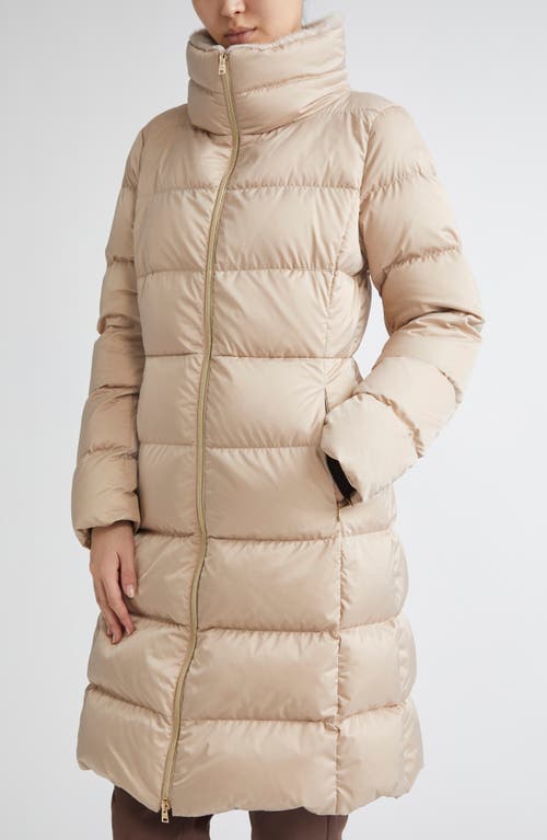 Herno Faux Fur Trim Satin Down Coat In Neutral