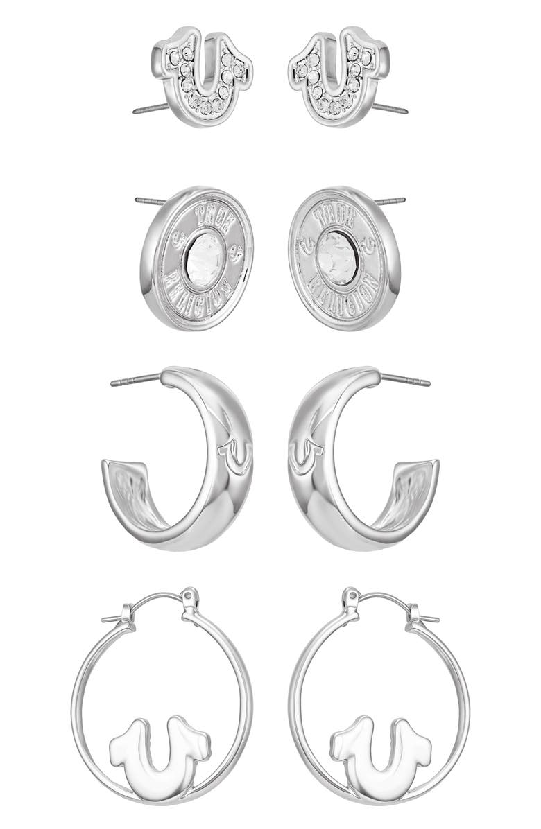 True Religion 4-Pack Assorted Stud & Hoop Earrings, Alternate, color, Silver Tone