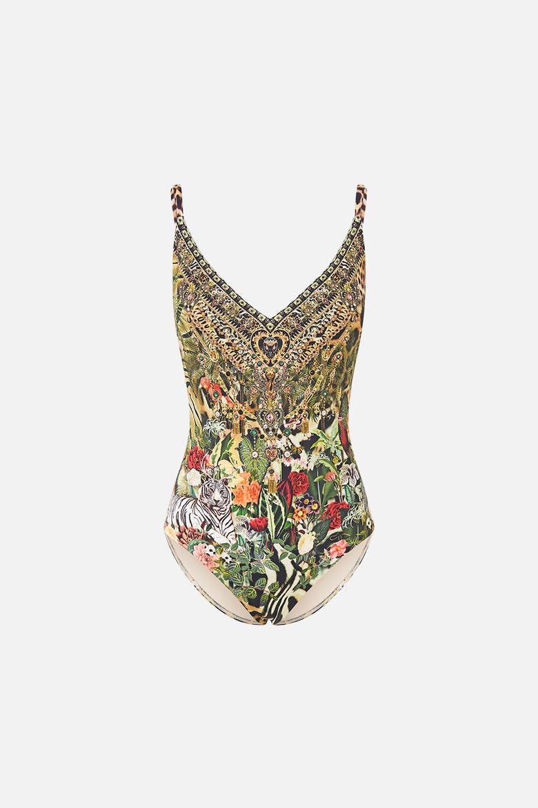 V Neck Underwire One Piece W Back Closure, Main, color, Leotigra Land