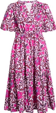 SUGARLIPS Floral Ginny Puff Sleeve Tiered Cotton Midi Dress