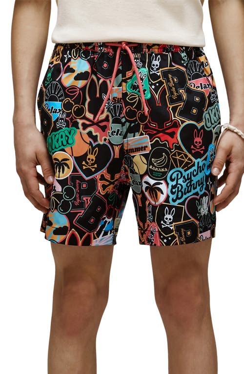 Psycho Bunny Kids' Marco Print Swim Trunks In Black
