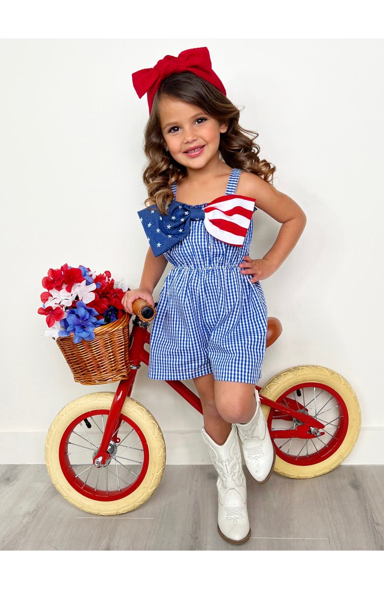 Mia Belle Girls Cute Bow Girls Romper, Alternate, color, Blue