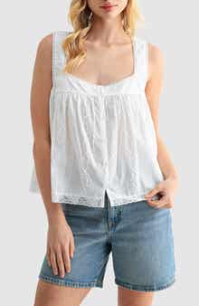 Lush Floral Embroidered Cotton Button-Up Tank