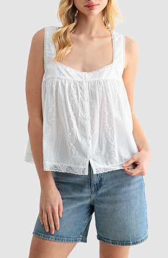 Lush Floral Embroidered Cotton Button-Up Tank