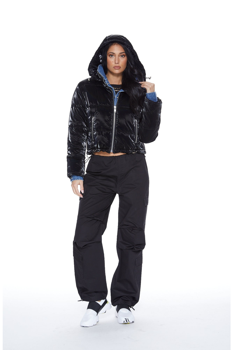 In The Mix Denim Shiny Puffer Jacket, Alternate, color, Black / Denim