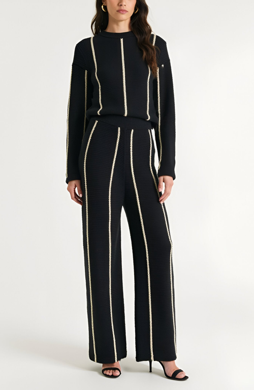 Modenaire Wide Leg Knit Pants With Contrasting Vertical Stripe And Ribbed Waistband In Black