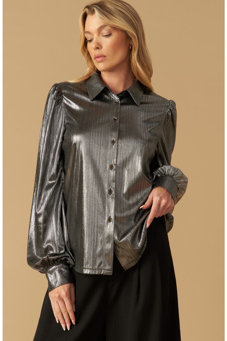 Foil Coated Button-Up Shirt, Alternate, color, SILVER