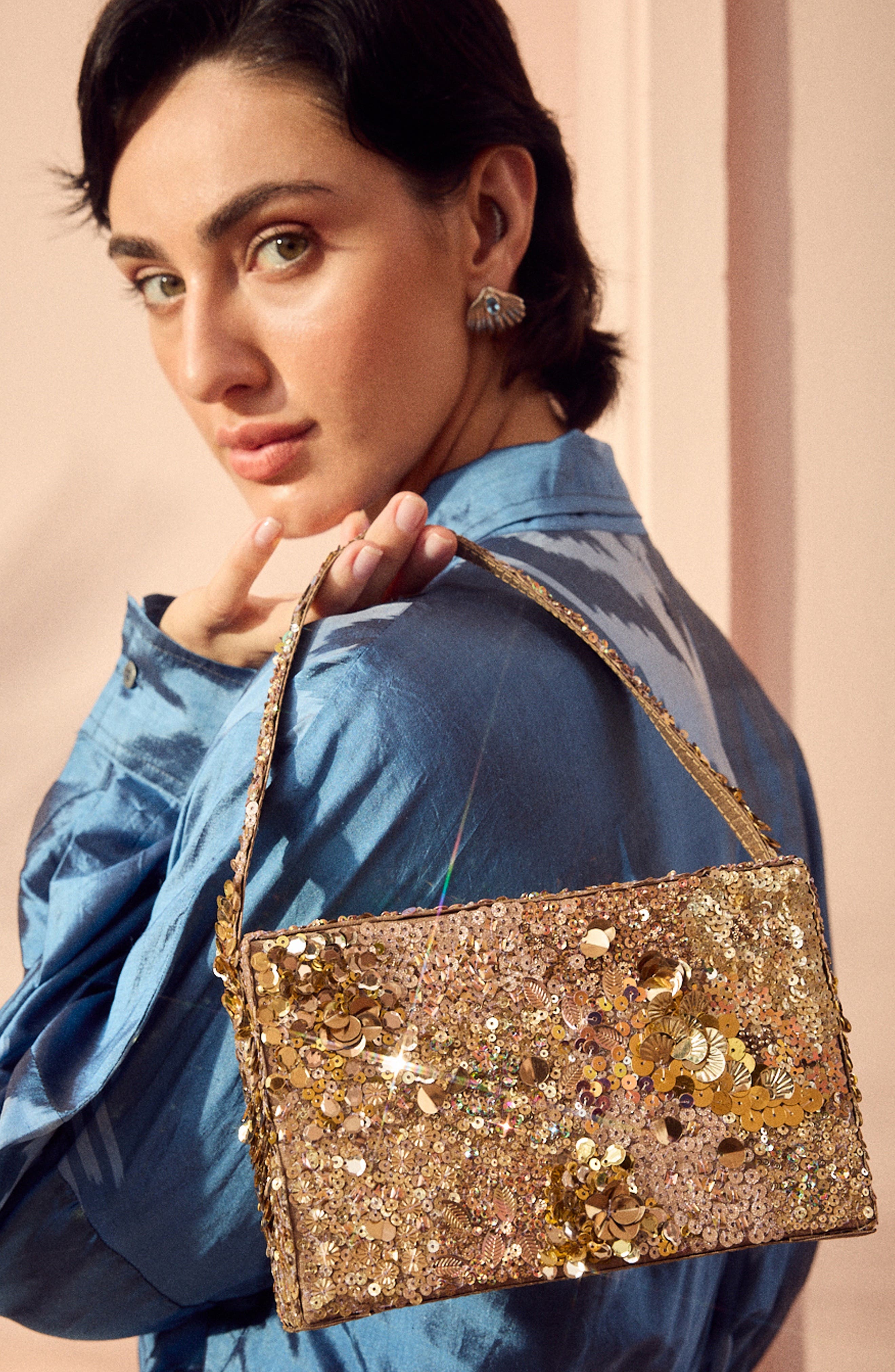 Sequin Box Clutch, Alternate, color, Golden Ember