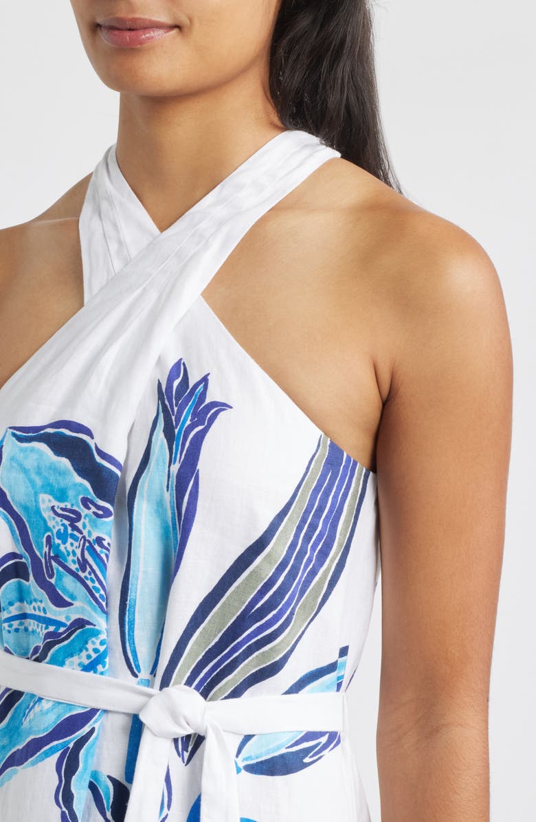 Tommy Bahama Regal Blooms Tie Waist Linen Midi Dress, Alternate, color, White/ Blue