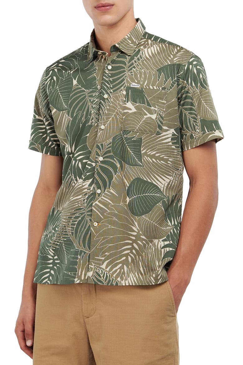 Cornwall Leaf Print Short Sleeve Button-Up Shirt, Main, color, OLIVE