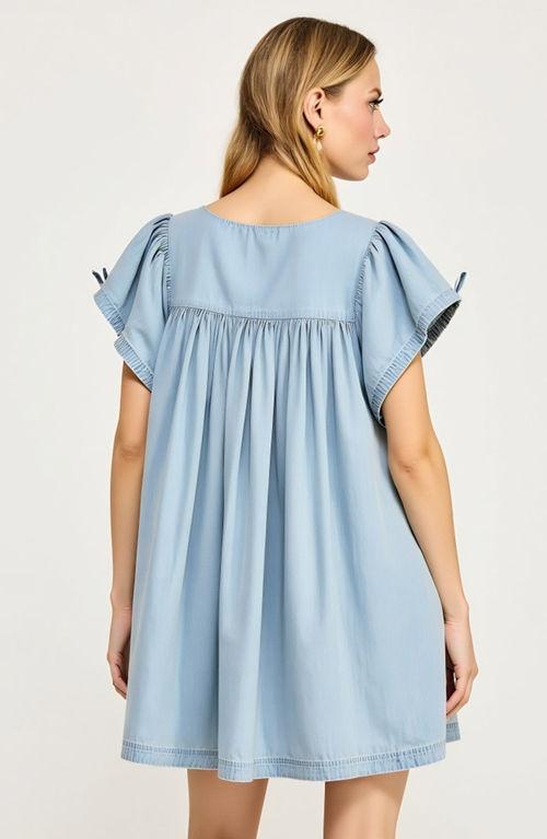 Modenaire Babydoll Dress With Square Neck And Flutter Sleeves In Blue