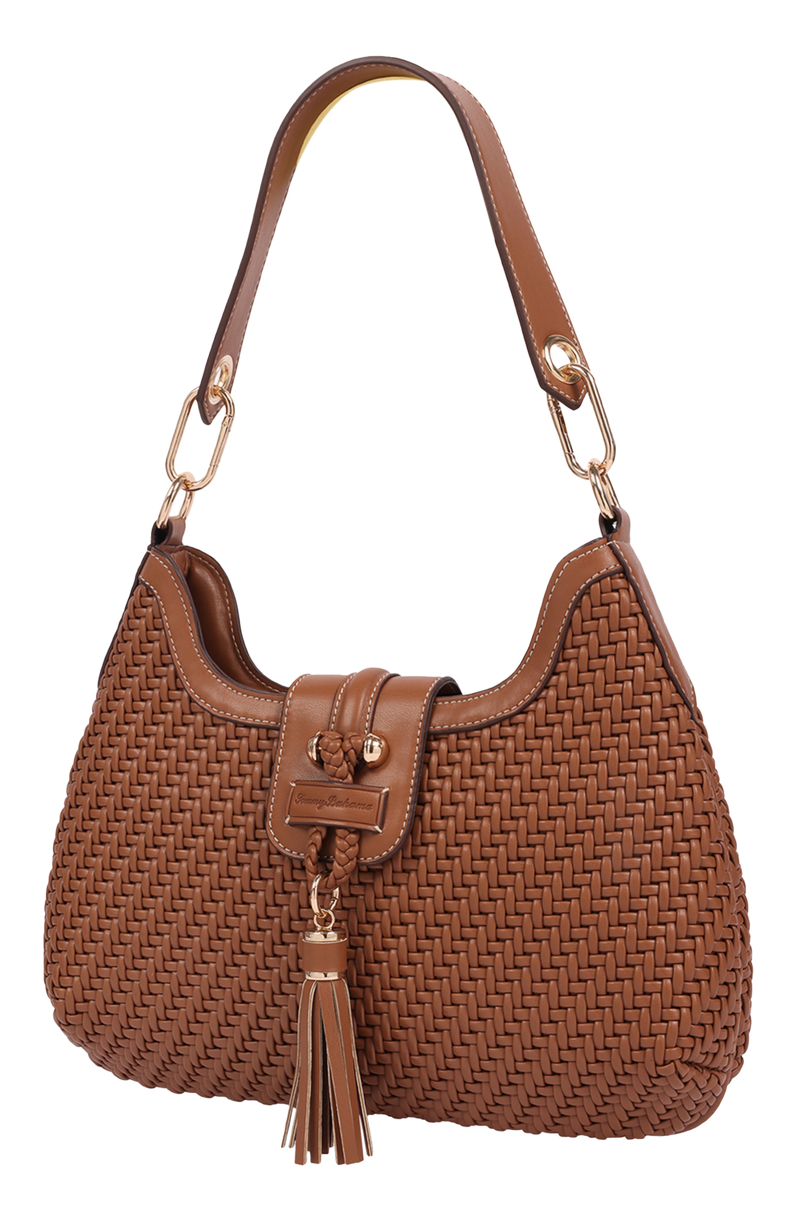 Tassel Tab Woven Faux Leather Hobo Bag, Alternate, color, COGNAC