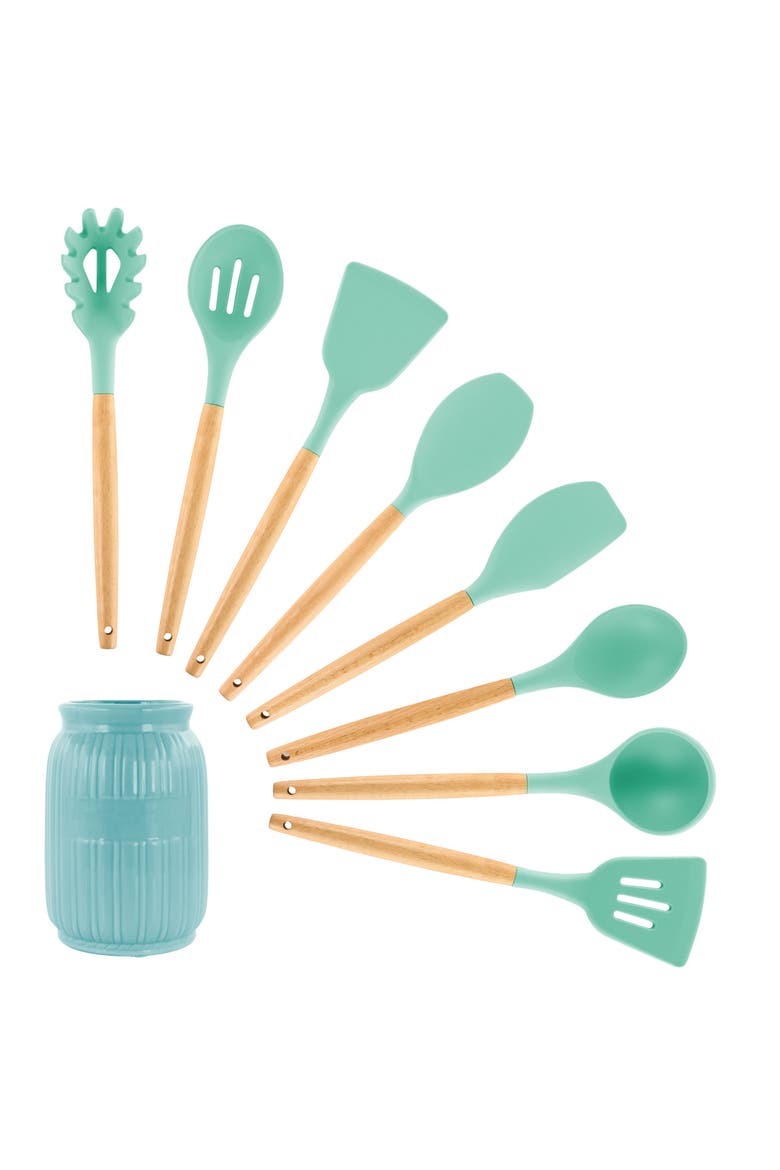 Silicone and Wood Cooking Utensils, Set of 9, Main, color, Mint Green