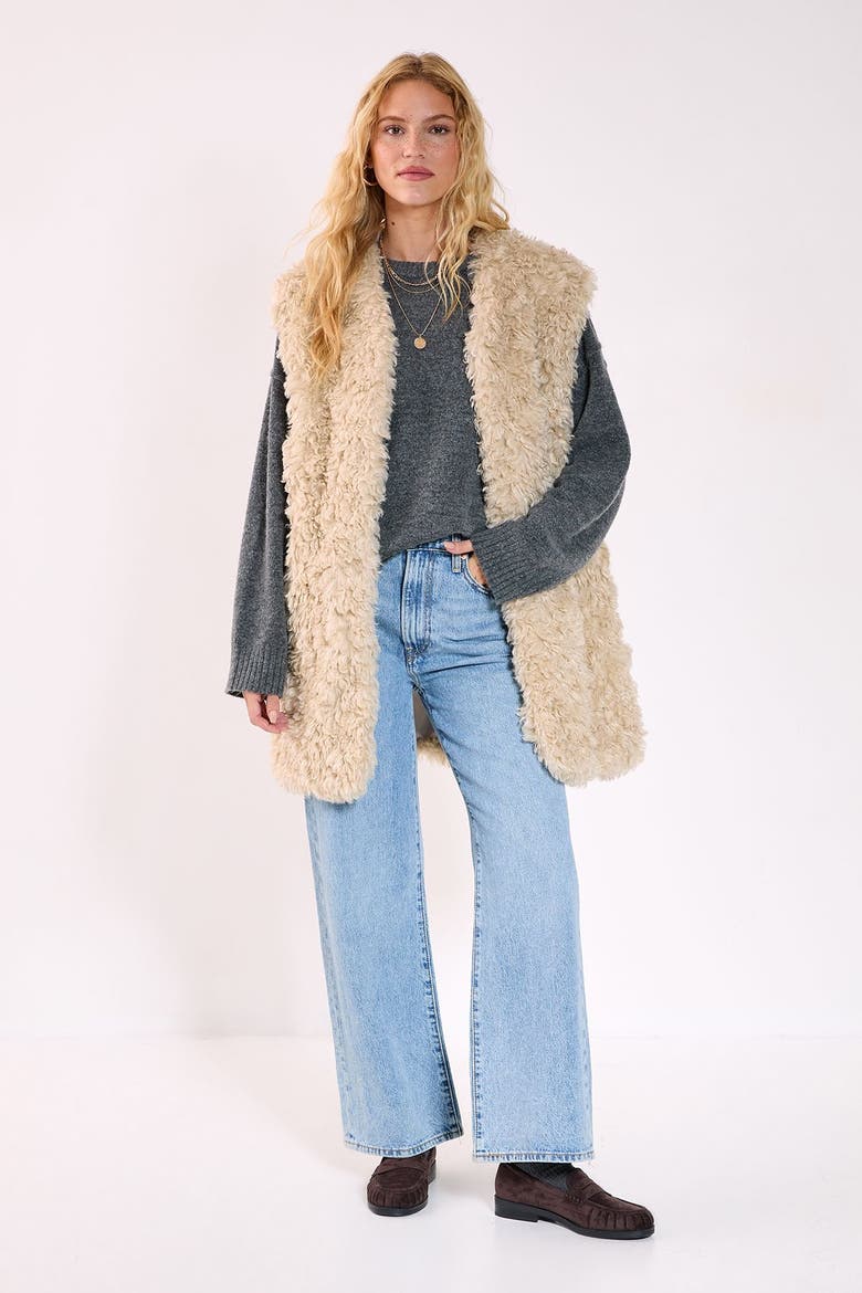 Curly Faux Fur Borg Gilet, Alternate, color, Ecru