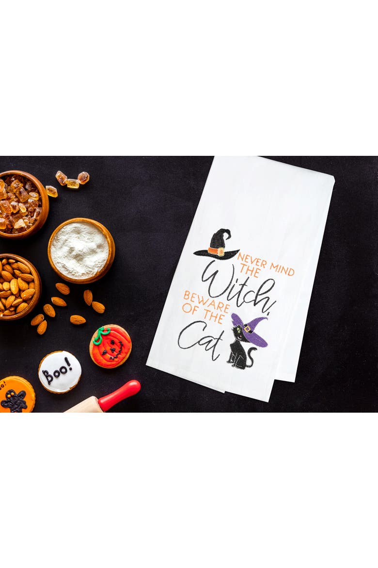 Beware of The Cat Halloween Cotton Embroidered Flour Sack Kitchen Towel, Alternate, color, White