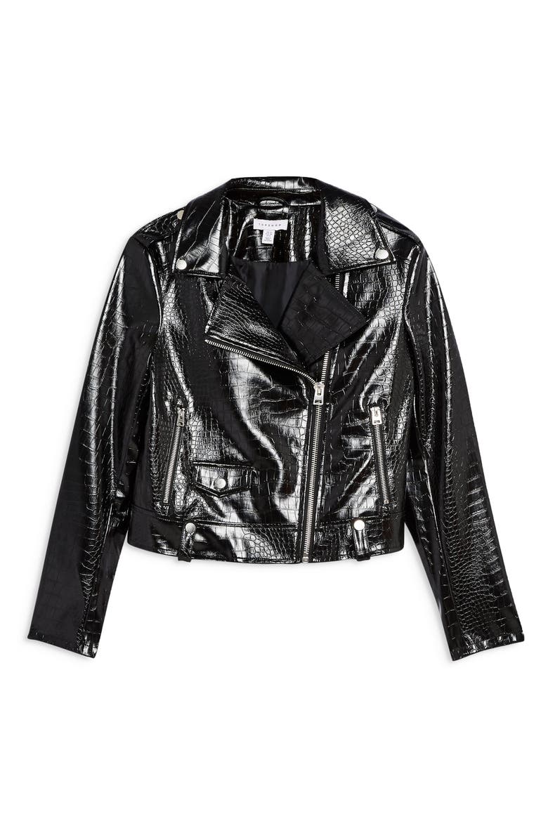 Topshop Croc Embossed Faux Leather Jacket, Alternate, color,
