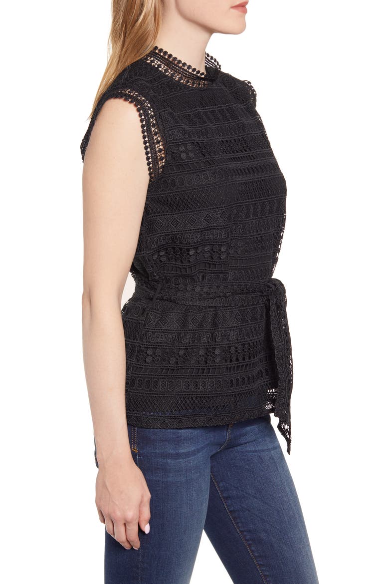 Gibson Belted Lace Top, Alternate, color, BLACK