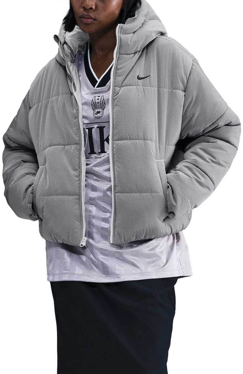 Nike Sportswear Therma-FIT Water Resistant Hooded Puffer Jacket, Main, color, Grey/ Black