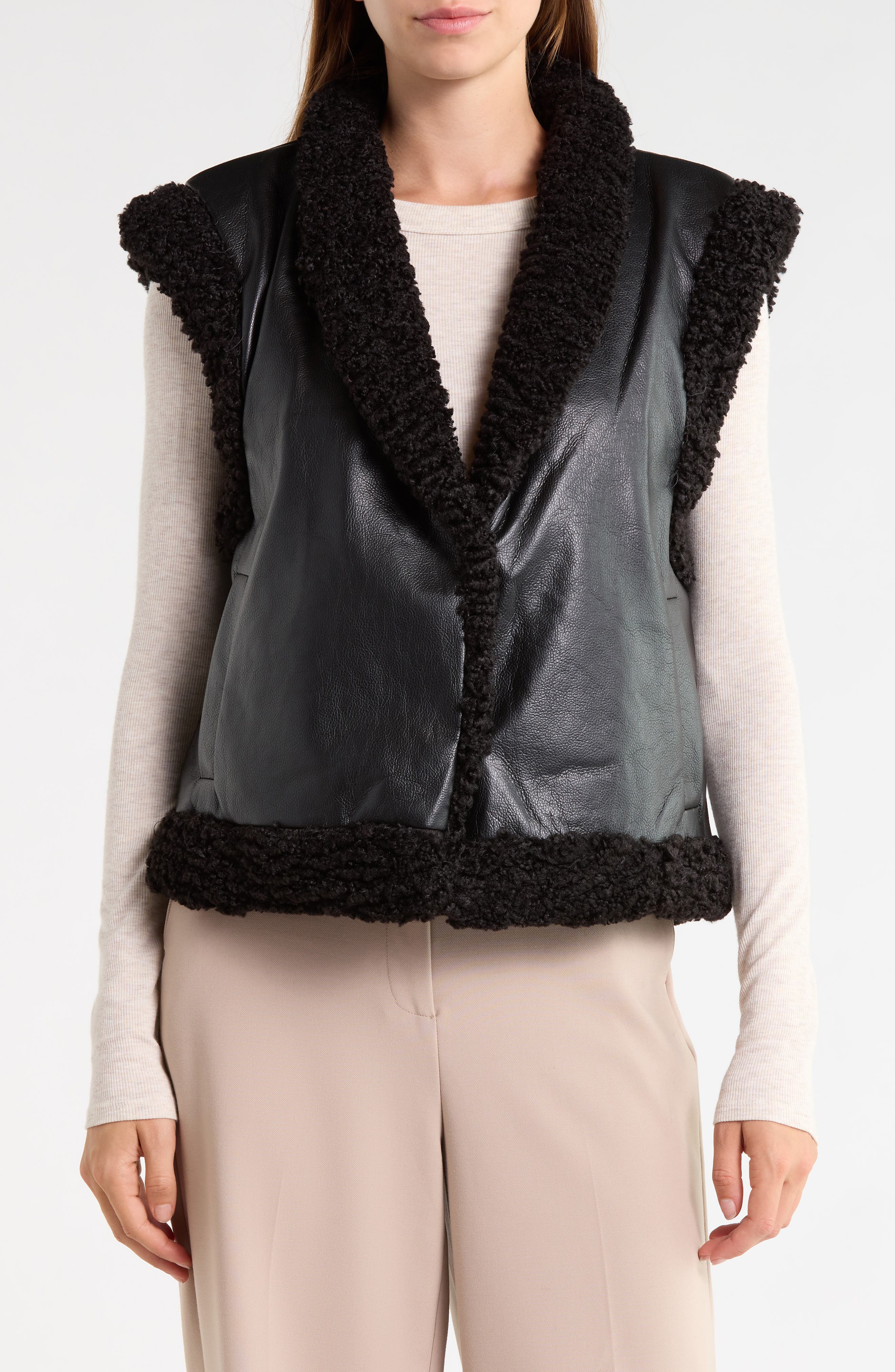 Faux Shearling Lined Reversible Faux Leather Vest