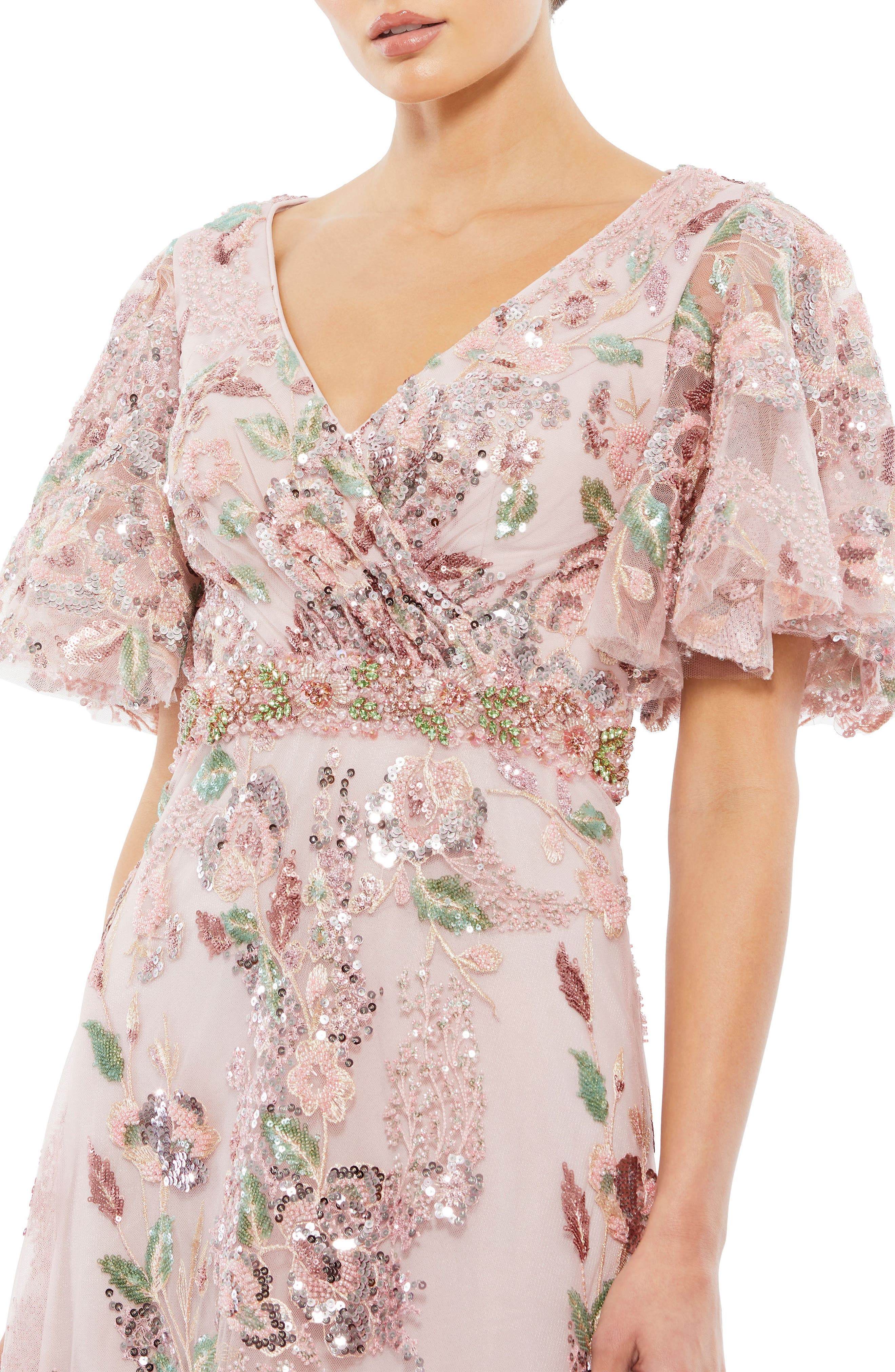 beaded faux wrap dress with dolman sleeves in rose gold Beaded Chiffon Ankle Length Gown With Dolman Sleeves In Black