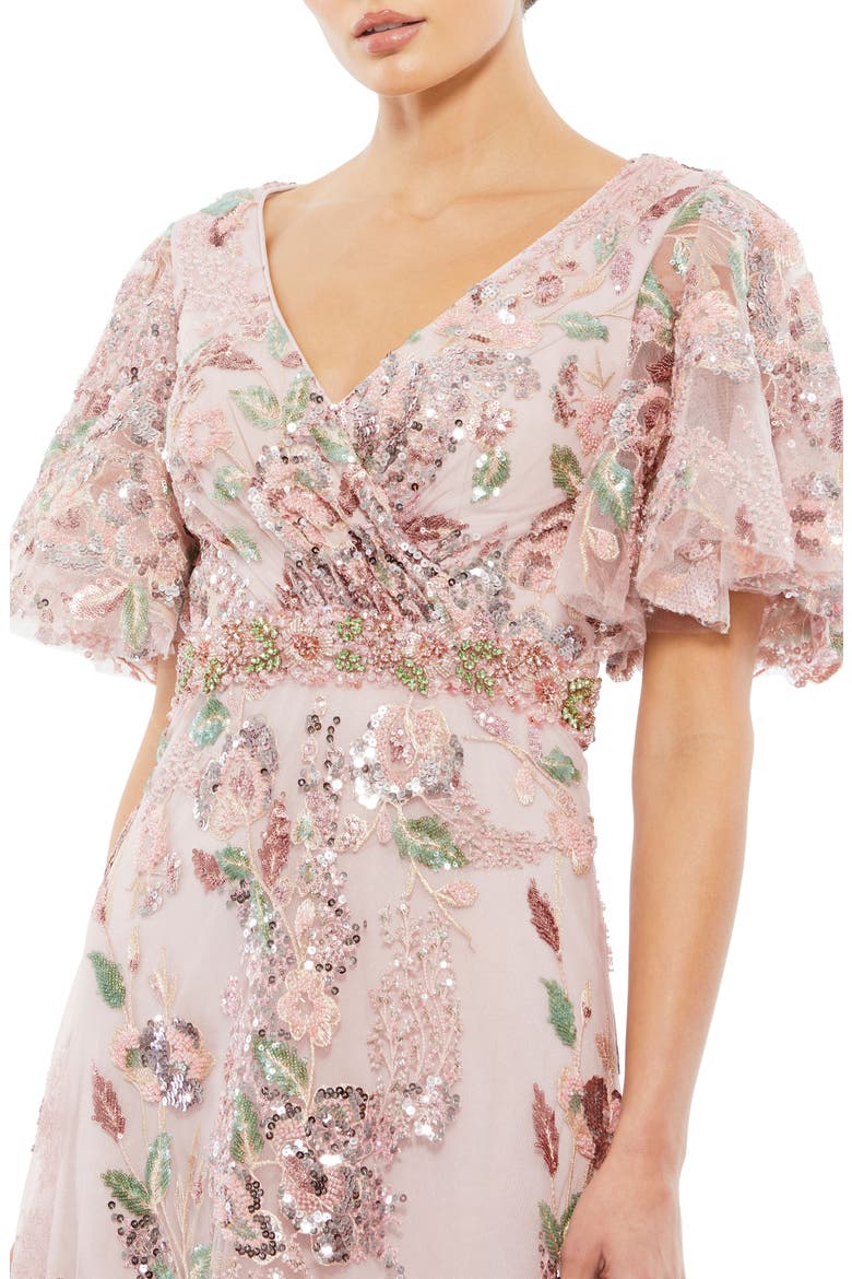 Floral Embellished Short Sleeve Faux Wrap Gown, Alternate, color, ROSE PINK