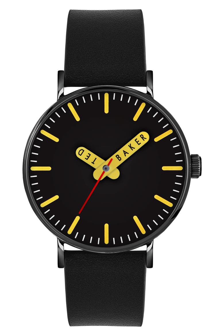 Glossop Leather Strap Watch, 41mm, Main, color, BLACK