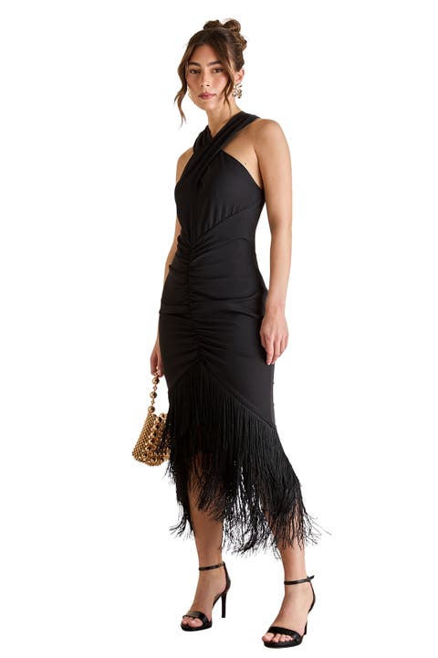 Fringe Hem Cross Neck Midi Dress
