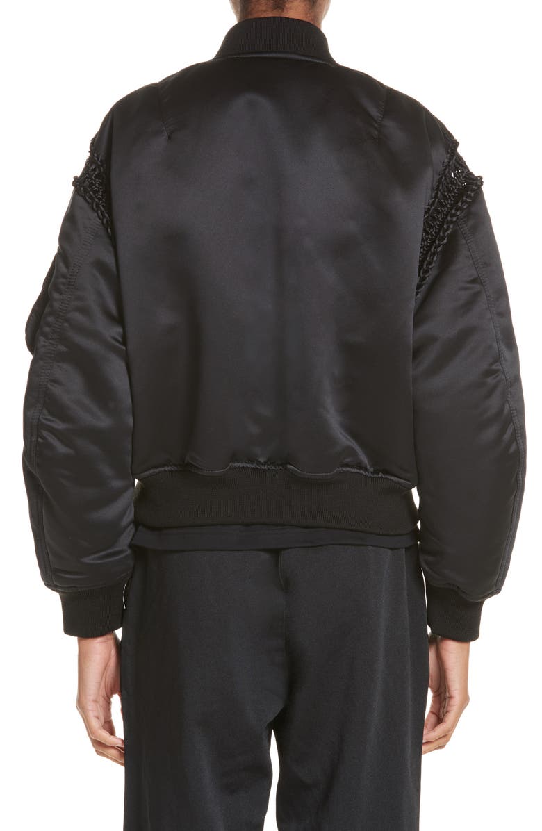 Noir Kei Ninomiya Macramé Trim Satin Bomber Jacket, Alternate, color, 