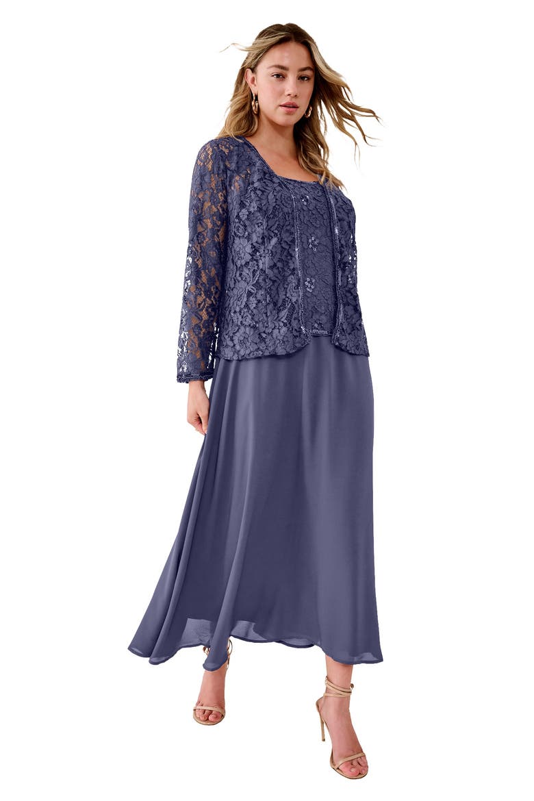 Plus Size 2 Piece Long Sleeve Embellished Lace Jacket And Full Gown, Main, color, DEEP DUSK