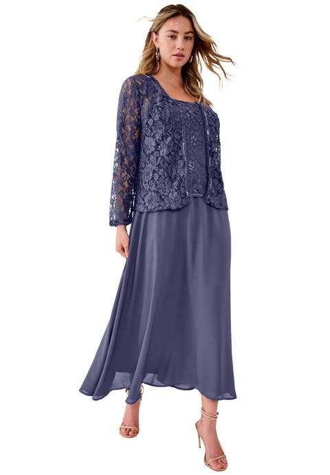 Plus-Size 2 Piece Long Sleeve Embellished Lace Jacket And Full Gown (Plus)