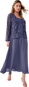 Roaman's Plus Size 2 Piece Long Sleeve Embellished Lace Jacket And Full Gown