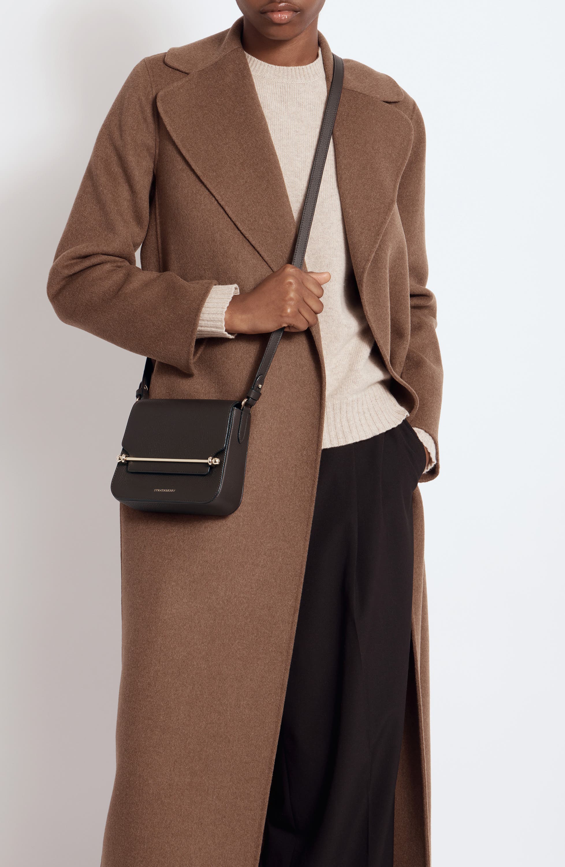 Strathberry Mini Ace Leather Crossbody Bag, Alternate, color, Espresso