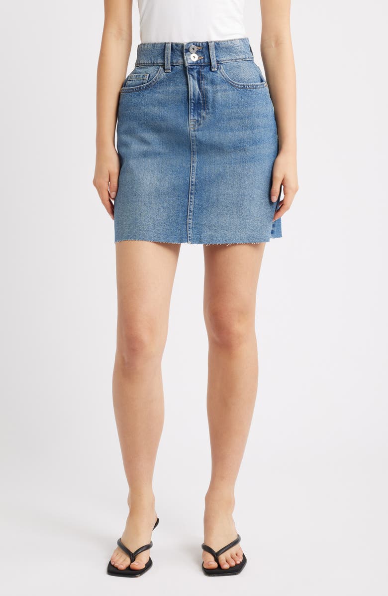 Lipsy Raw Hem Denim Miniskirt, Main, color, Mid Wash