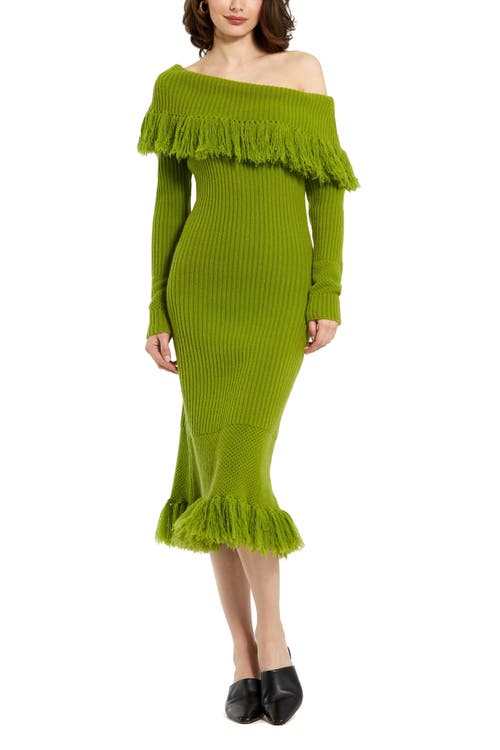 Mac Duggal Off The Shoulder Fringe Long Sleeve Knit Dress In Pear