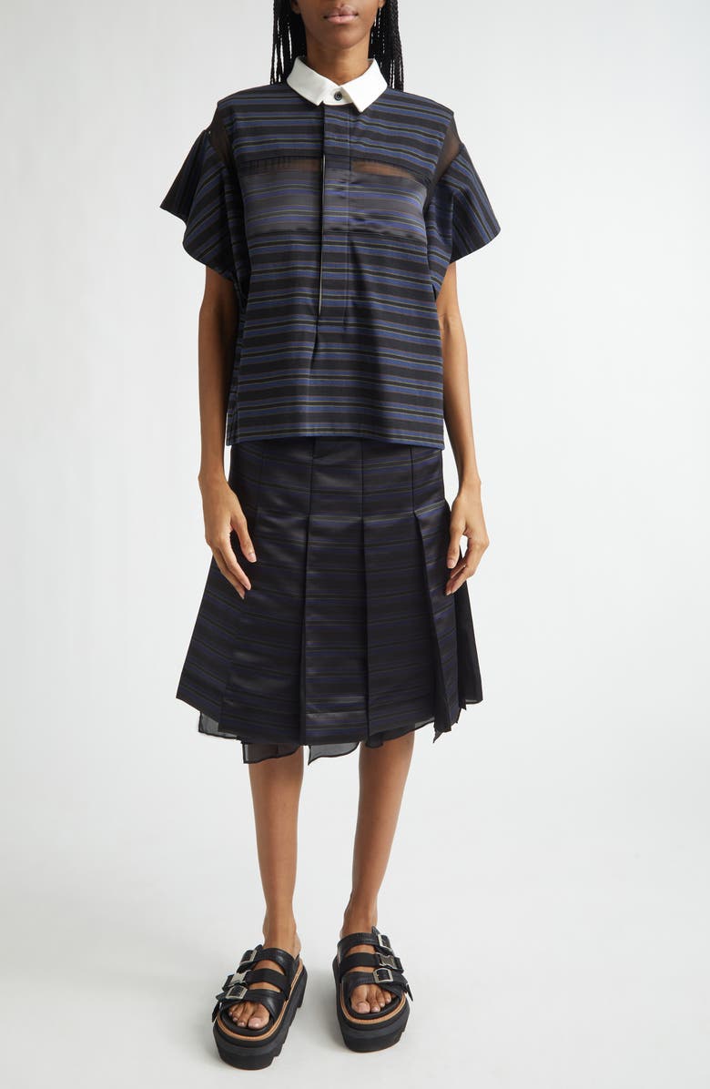 Sacai Pleated Horizontal Stripe Skirt, Alternate, color, Black/ Navy