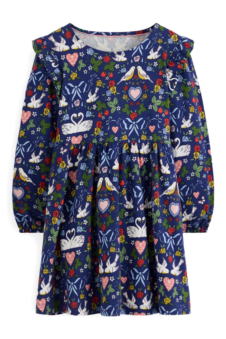 Kids' Posie Long Sleeve Cotton Jersey Dress Toddler, Little Kid & Big Kid), Main, color, STARBOARD BLUE LOVEBIRDS