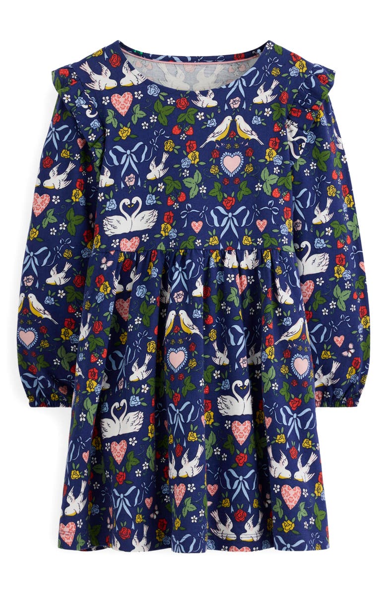 Mini Boden Kids' Posie Long Sleeve Cotton Jersey Dress Toddler, Little Kid & Big Kid), Main, color, Starboard Blue Lovebirds