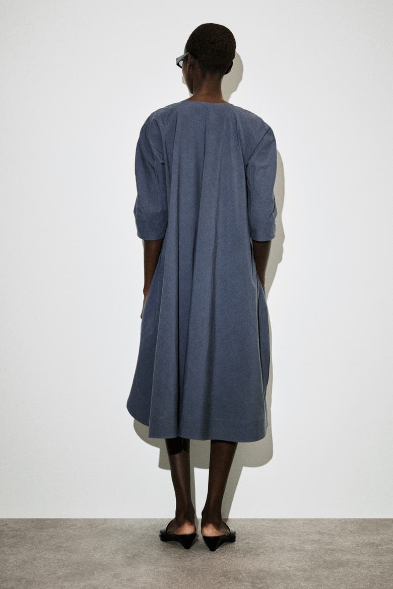 Rounded V-Neck Cotton Midi Dress, Alternate, color, BLUE