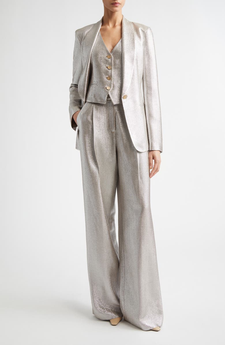 ST. JOHN Pleat Front Lamé Suiting Trousers, Alternate, color, Antique Silver