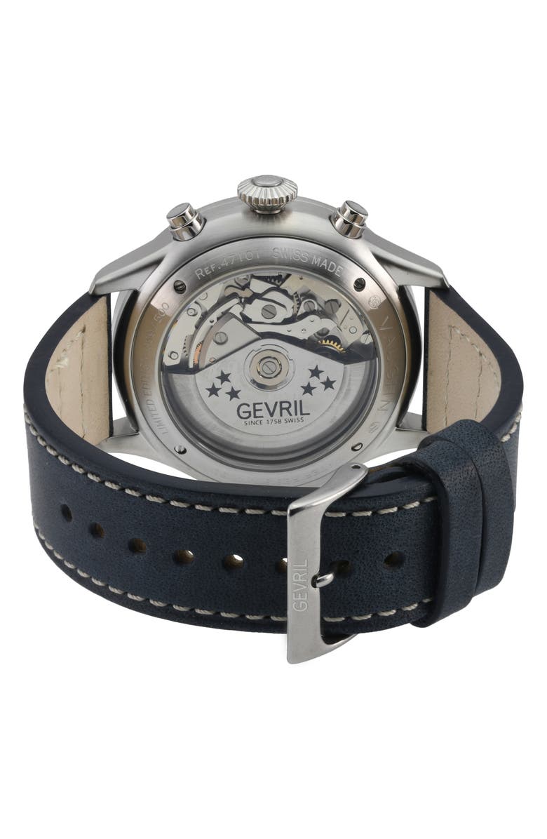 GEVRIL Vaughn Automatic Chronograph Leather Strap Watch, 44mm, Alternate, color, 