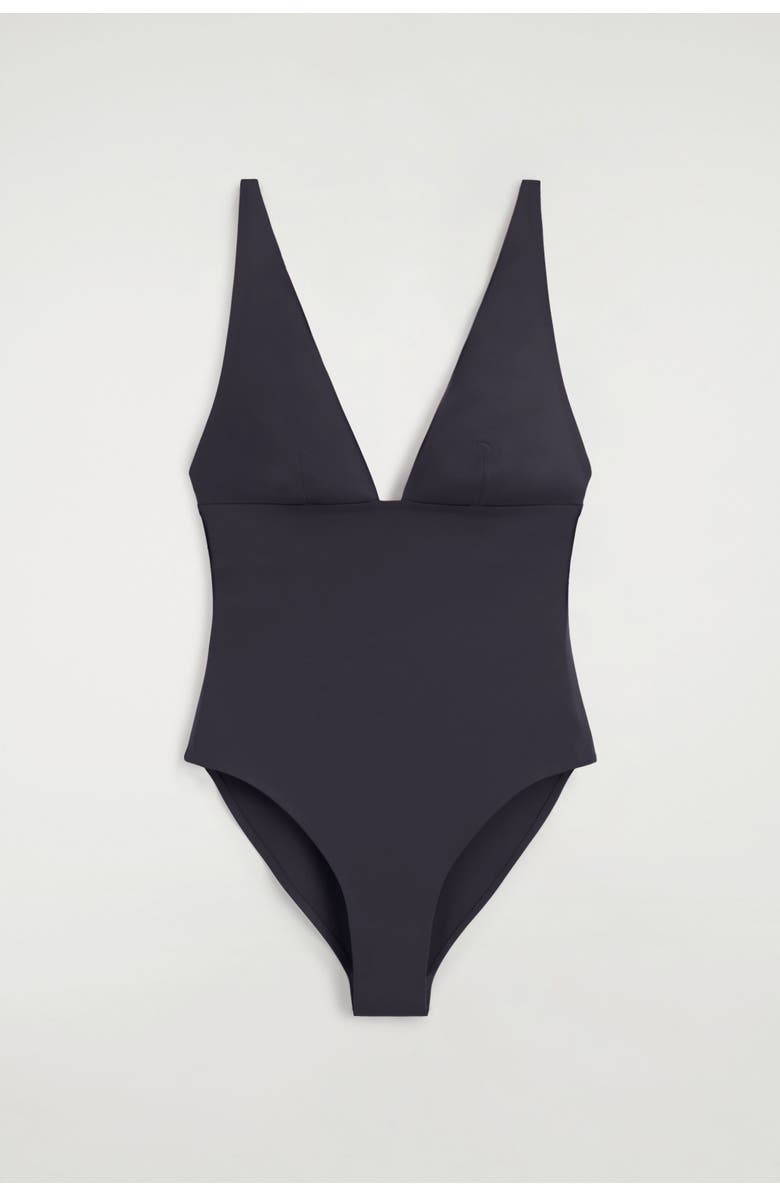 COS Bonded Scuba Knit V-Neck Swimsuit, Alternate, color, Navy