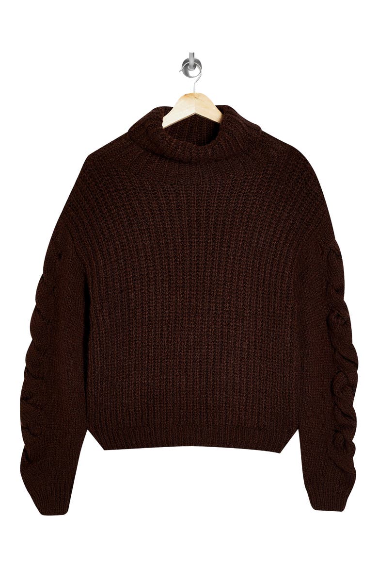 Cable Knit Sleeve Turtleneck Sweater, Alternate, color, DARK BROWN