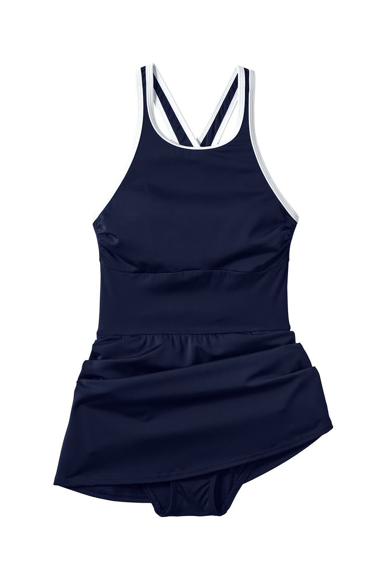 D-Cup Tugless High Neck Swim Dress Swimsuit, Alternate, color, Deep Sea Navy/White